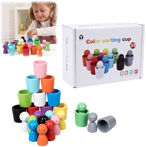 Colour Sorting Cups,Peg Dolls In Cups,Wooden Learning Sorting Toys,Kids Color Recognition Playset,Matching Games Color Sorting Toys Toddler,Plaything For Kids 3+ Years Old(1PC)