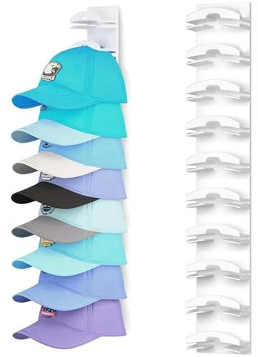 Hat Organizer for Baseball Caps, Hat Rack for Wall, Cap Rack Adhesive/Drilled Hat Hooks, Hat Hanger Holder Hold Up to 10 Hats, Baseball Cap Hat Storage Display for Door, Closet, Bedroom (White)