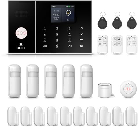 PGST Systèmes de sécurité Domestique, kit d'alarme Smart WiFi 4G Faites-Vous avec détecteur de Mouvement, capteur de fenêtre de la Porte, télécommande, Aucune taxe mensuelle