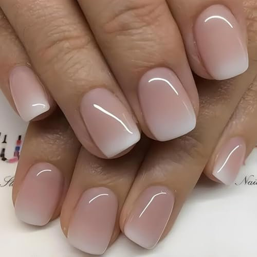 French Tip False Nails - White Pink Gradient Press On Nails - Elegant Natural Short Square Fake Nails With Glue - Removable Acrylic Full Cover Stick On nails For Women Girls Nail Art Accessories
