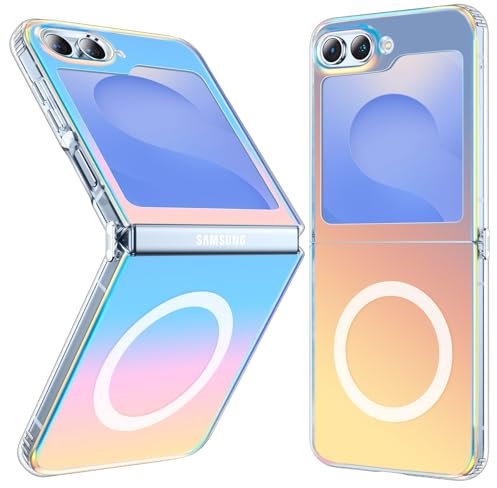 Hülle für Samsung Galaxy Z Flip6 / Flip5, Kompatibel mit MagSafe, Magnetische HandyHülle Irisierend Farbverlauf Case Kratzfeste Rückseite Durchscheinende Matt Schutzhülle, Holografischer Farbverlauf