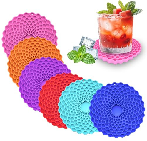 Silicone Coasters Set of 6 Non-Slip Colourful Rubber Multipurpose Heat Resistant Easy to Clean Oilproof Place Mats Present for New Home Gifts Pot Holder Multicoloured Drinks Coasters