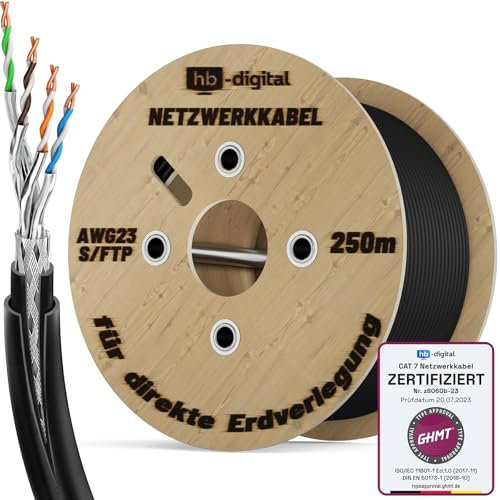 HB-DIGITAL 250m CAT 7 Outdoor Netzwerkkabel für direkte Erdverlegung S/FTP AWG23/1 reines Kupfer Doppelmantel PVC + LLDPE UV wasserresistent PoE 10 Gbit/s Ethernet Kabel für Außenbereich - Schwarz