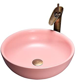 AYCDL Lavandino Rotondo 16,5 X16,5 Lavandino da Bagno Rosa sopra Il Piano in Porcellana, Piccolo Lavandino in Ceramica con Rubinetto E Scarico A Scomparsa Lavandini
