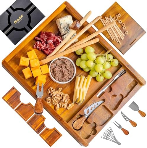 Tagliere per Formaggi e Salumi con Set di Coltelli per Formaggio - Tagliere per Aperitivo in Legno di Acacia, Migliore dei Taglieri in Bambù – Set Aperitivo Accessori, Vassoio da Portata - Idee Regalo