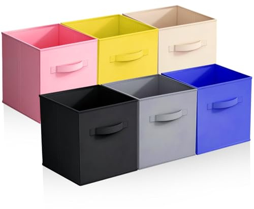 Fabric Storage Cubes 6Pcs Foldable Organiser Boxes Collapsible Storage Bins | 28x28x28cm with Handles Easy-Assembly Storage Baskets for Shelves Wardrobe Clothes & Bedroom Organisation (Coloured 1)