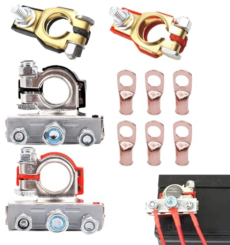 Conjunto de Terminales de Batería de 12V, 1 Pares Bornes Bateria Coche Positivos y Negativos, Bornes de Cobre con 6 Terminales de Anillo de 3/8, para Barco Camión Coche