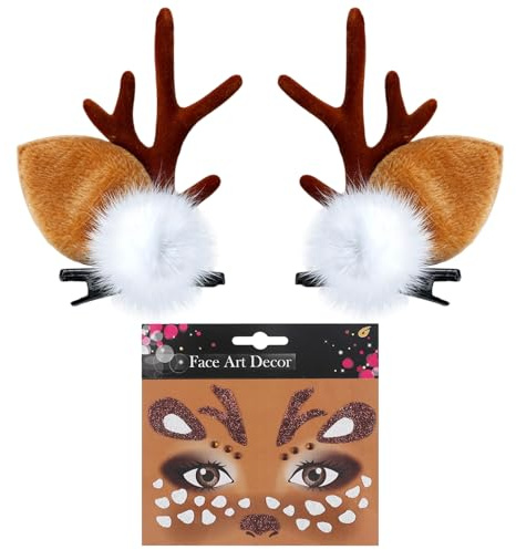 OuryTech Haarreif Karneval, REH Aufkleber Gesicht Karneval, Kostüm Damen REH Haarreif Mit Geweih Für Weihnachten und Faschingspartys (Typ A)