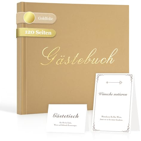 Foliom Gästebuch Hochzeit Set, Kraftpapier Hardcover, Goldfolie, 120 Seiten