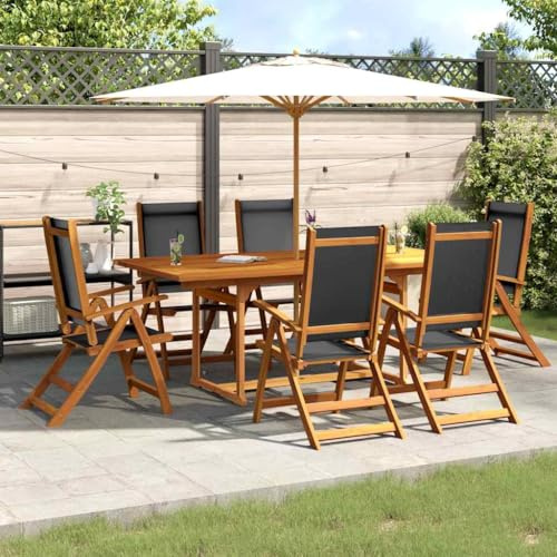 Hoopleep 7-TLG. Garten-Essgruppe, Massivholz Akazie und Textilene, erweiterbarer Esstisch Outdoor, verstellbare Stühle für Terrasse, wetterfest