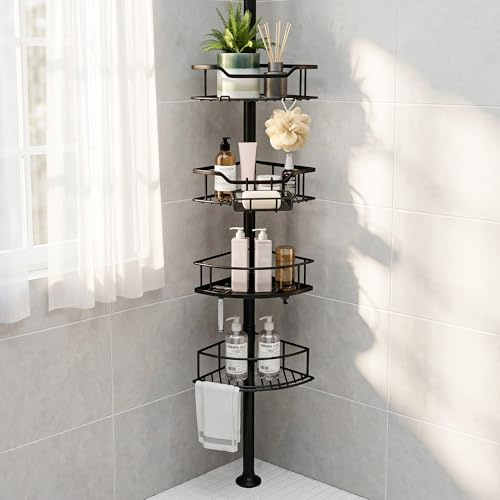 Purejoy Tension Pole Shower Caddy, 4 Tier Corner Shower Caddy with Soap Holder, Hooks & Towel Bar, Adjustable Telescopic Shower Shelves, Metal Bathroom Storage Organiser for Flat Ceilings, Black