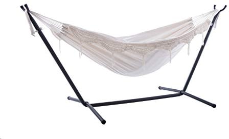 Vivere, Natural Double Cotton Hammock with Space-Saving Steel Stand Including Carrying Bag