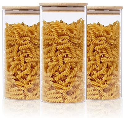 Xtulina Glass Kitchen Storage Jars 1300ML, Airtight Storage Containers with Wooden Lid Set of 3