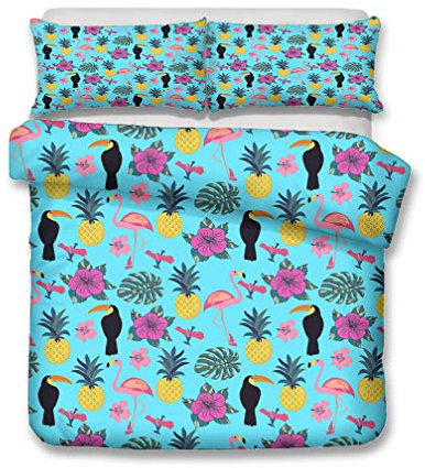 Stillshine. Bettwäsche Set Tukan Tropische Pflanze Tier Papagei Ananas Blume Bettbezug und Kissenbezug Blau Grün Weiß Gelb Bettwäsche Kinder Jungen Mädchen (B,Bettbezug 220x240 cm)
