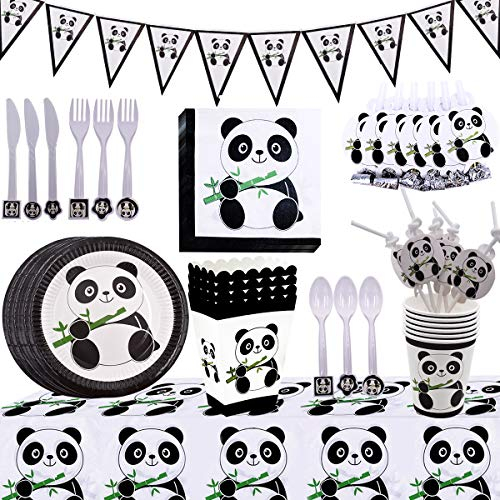 Panda-Dekorationsset für Geburtstagsparty, BETOY 94 pcs Panda Party Geschirr Geburtstagsdekoration Panda Pappteller Tassen Servietten Tischtuch Banner