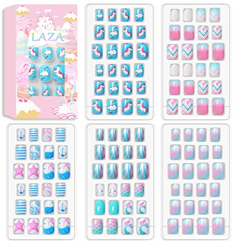 Laza Lot de 120 faux ongles à clipser pour enfants avec couverture complète et dégradé de couleur arc-en-ciel scintillante licorne pour enfants adolescentes – Ocean Seashell