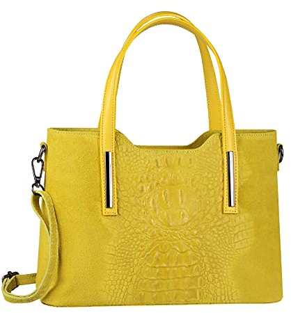 OBC Made IN Italy Damen Echt Leder Tasche Kroko-Prägung Business Shopper Wildleder Schultertasche Handtasche Ledertasche Umhängetasche (Gelb)