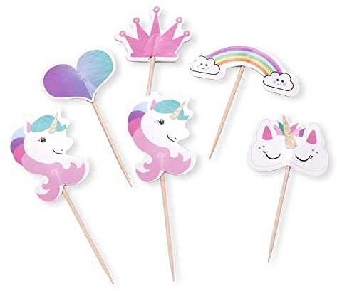 JOFONY Einhorn Tortendeko 48 Stück,Kuchen Zahnstocher Flaggen Kuchendekoration Makron-Thema mit Regenbogenkrone für Kindergeburtstag Party Picknick