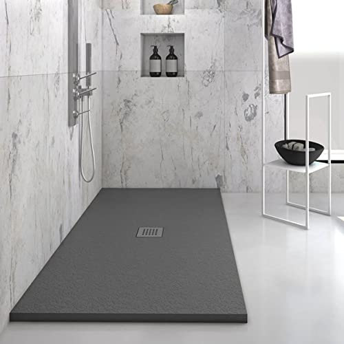Yellowshop - Piatto doccia rettangolare marmoresina base 90 cm h 2,5 cm HEAVY Antracite con sifone, piletta e copripiletta inox (90x140 cm)