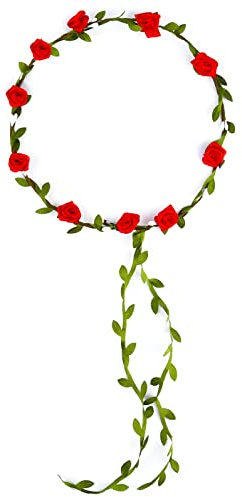 PLULON Red Flower Crown Headband Women Garland Headband Hair Floral Wreath Boho Headpiece for Girls Wedding Festival Hair Accessories