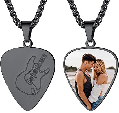 U7 Schwarz Fotokette Damen Frauen Gitarrenanhänger Plektron Gitarre Anhänger Musik Halskette Plektrum Foto Kette mit Gravur Text Kettenanhänger Photo Pendant Necklace Modeschmuck für Bruder