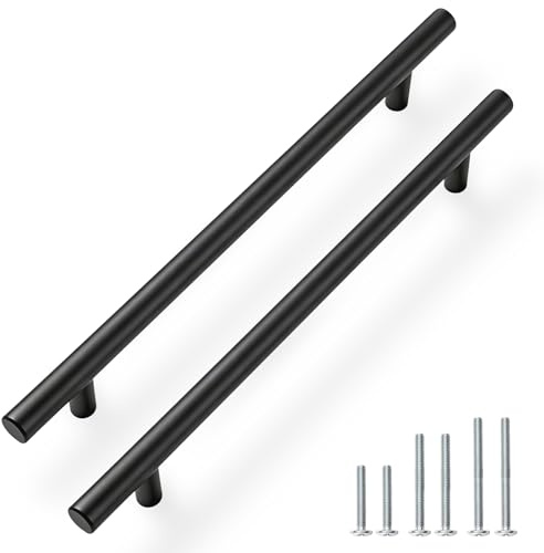 PinLin 25 Pack Kitchen Door Handles 192mm Hole Centre Flat Black Cabinet Handles Stainless Steel Cupboard T Bar Handle