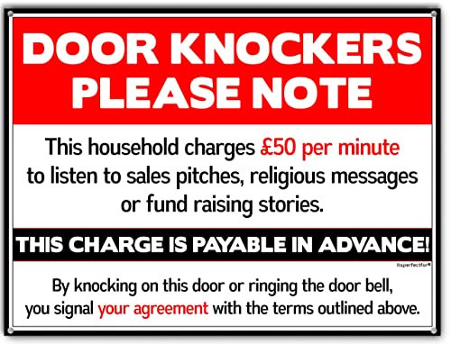 Door Knockers Please Note Metal Sign, Keep Away Unwanted Callers, Funny Home Warning Solicitation Plaque, Stop Cold Callers, Suitable for Indoor and Outdoor Use, Size Small