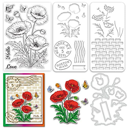 ORIGACH Realistische Mais-Mohnblumen-Stempel und Stanz- und Schichten-Malschablonen-Set für Kartenherstellung, Alben, Kunsthandwerk, Zubehör