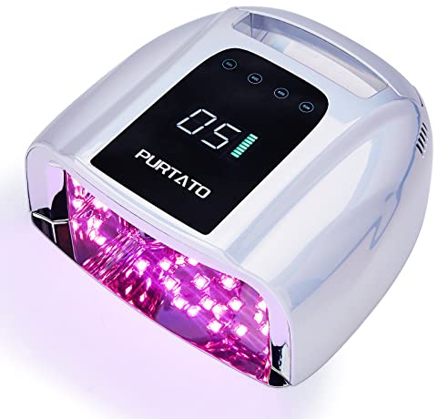 Purtato Professional Rechargeable 96W UV LED Portable Cordless UV Light for Nail Lamp Machine with Removable Stainless Steel Bottom,4 Timer Setting and Smart Sensor Nail Dryer (Plating Silver)