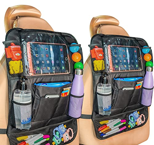 ASAB 2 Pack Car Seat Organiser - Multifunctional Back Seat Organiser for Kids with Foldable Tablet Holder, 10 Storage Pockets, Garbage Bag for Bottles and Toys