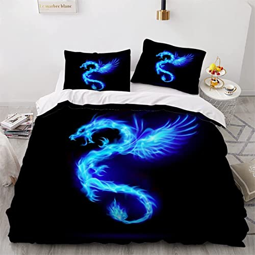 TAKOLI Bettwäsche 135 x 200 Blauer Drache, Weiche Microfaser Leuchtender Drache Bettwäsche Set 2 teilig - Schwarz Bettbezug & 1 Kissenbezüg 80x80, mit Reißverschluss