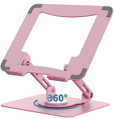 SOUNDANCE Laptop Stand with 360° Rotating Base, Ergonomic Computer Riser for Desk, Adjutable Height Muti-Angle, Foldable Laptop Mount, Stable Metal Holder Support 10-15.6 Notebook PC, Pink