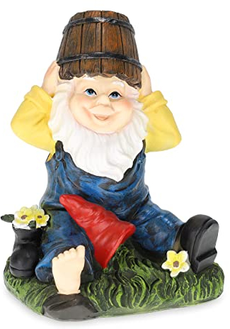 Relaxdays Gartenzwerg mit Wassereimer, wetterfest, frostsicher, HxBxT 20 x 14,5 x 11,5 cm, Gartenfigur, Kunststein, bunt