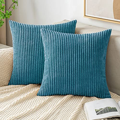 EMEMA Kissenbezug 50x50 cm Kordsamt Kissenbezüge Dekokissen Sofakissen Cord Kissenhülle Zierkissenbezug Kord Dekorative Weiche für Sofa Wohnzimmer Schlafzimmer 2er Set Seeblau