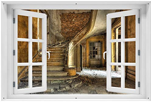 Wallario Outdoor-Poster für Garten oder Balkon Massive Steintreppe in herrenlosem Haus, Motivbanner Größe: ca. 60 x 90 cm mit Fenster-Illusion
