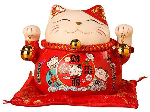 Jenngaoo Keramik Glücks Katzen, 11,4 cm Winkende Glückliche Katze Statue Glückskatze Figur Winkende Katze Kunstvoll Dekoriert, um Reichtum Anzuziehen, Geschäftseröffnung (Rot)