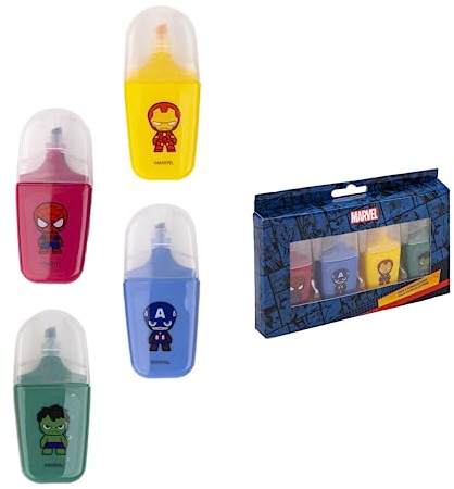 Marvel Avengers Textmarker, Design Avengers Briefpapier Set, Set mit 4 Farben Rot, Blau, Gelb und Grün