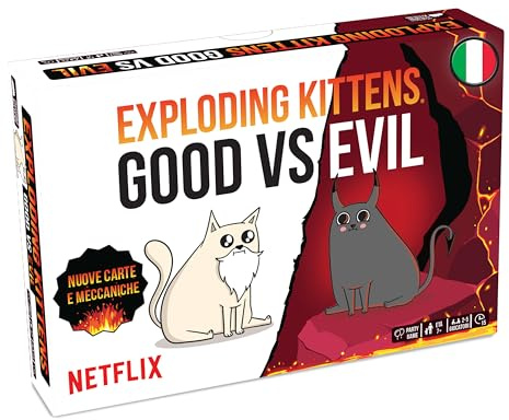 Asmodee - Exploding Kittens - Good vs Evil, Spielkarten mit explosiven Katzen und Neuer Kampf zwischen Gut und Böse, Brettspiel, 7+ Jahre, 2-5 Spieler, italienische Ausgabe