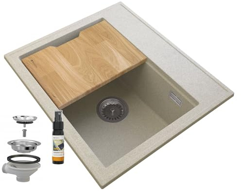 Granitan Waschbecken mit Küchenbrett und Imprägnierung, FOXAL, Beige | hochwertige hitzebeständig Küchenspüle, Beige, Granit Spülbecken mit manuellem Siphon