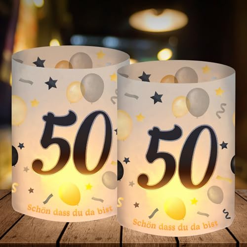 12 Windlicht Tischdeko 50 Geburtstag, Deko 50. Geburtstag Mann Frau, 50 Jahre Happy Birthday Tischdeko Schwarz Gold, Geeignet für Teelichter oder Kerzen
