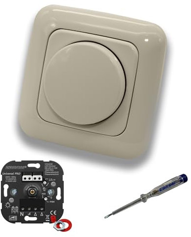 EBROM 1002 Universal PRO LED-Drehdimmer LED Dimmer mit Busch Jäger Dimmerscheibe Zentralplatte 2115-212 Einfachrahmen in DURO2000 cremeweiß glänzend inklusive EBROM Phasenprüfer zur Montage des Geräts