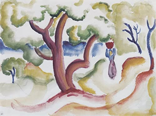 MSTECO Ölgemälde Leinwandbilder Bild Kunst Leinwand Malerei Frau Mit Krug Unter Bäumen Von August Macke für Wanddekoration 60x90cm
