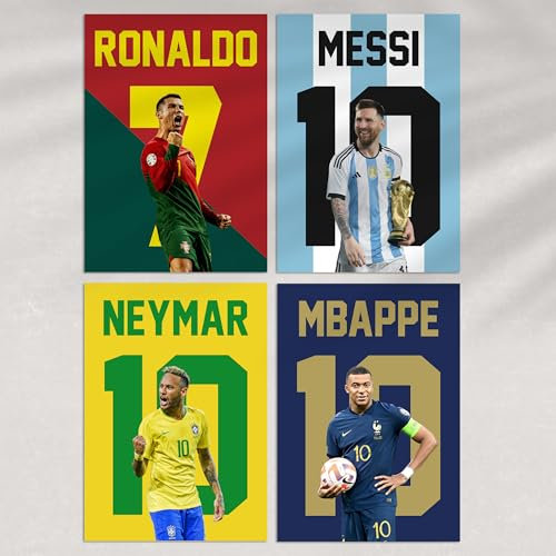 Football Wall Art Poster Prints For Boys Bedroom Set of 4 - Ronaldo, Messi, Mbappé and Neymar - [Frames Not Included] (Superstars, A5)