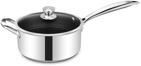 4BIG.fun Casserole universelle en acier inoxydable avec couvercle en verre - 20 cm - Avec revêtement anti-adhésif en nid d'abeille - Casserole à lait - Casserole à sauce