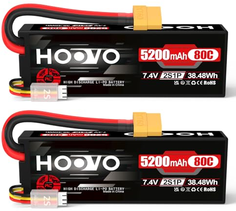 2S LiPo Akku 7,4V 5200mAh 80C RC Akkus Hartschalenkoffer mit XT60 Stecker Ersatzakku HOOVO für RC Car Truck Heli Flugzeug Rock Crawler Flugzeug Hubschrauber Truck Boot (2PCS)