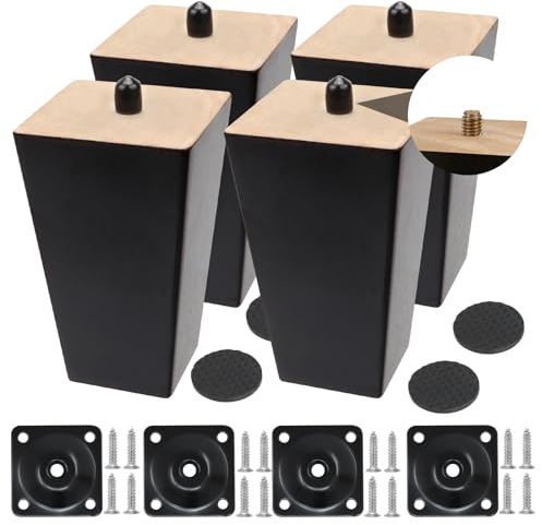 Wkmamo 4 Pcs Pieds De Meuble en Bois 15cm,Pieds de Table en Bois Massif,Pieds de Meubles de Remplacement pour Chaises,Tables,Placards (10, Noir, carré)