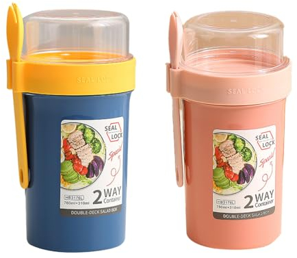 LongHoneySong Müslibecher to Go 760ml+230ml 2er Set Joghurtbecher to Go mit Löffel Müsli Joghurt Cornflakes Salatbox to Go Becher Kinder Blau+Rosa