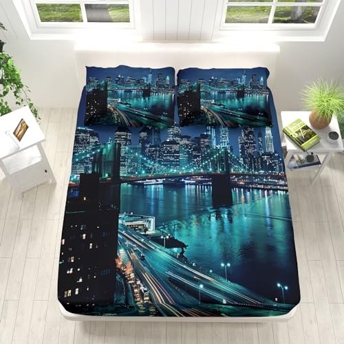 Spannbettlaken für Boxspringbett 90x200cm, New York City Brooklyn Bridge Rutschfestem Weiche Spannbetttuch, Mikrofaser Matratzenschoner bis 30cm Hohe für Jungen Mädchen + 2 Kissenbezügen