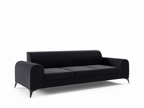 LIKMA Schwarz 3 Sitzer Samt Sofa ELSA 234x77x93 cm 3-er Couchgarnitur Hydrophobe Beschichtung Velvet Moderne Wohnzimmer Couch Velours Glamour Design Stoff Fresh 17