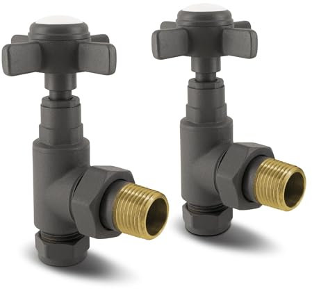 VANCOCO Angled Traditional Radiator Valve (Pair) - Traditional Radiator Valves with Cross Handwheel Suitable for Heated Towel Rails or Central Heating Systems (Anthracite)